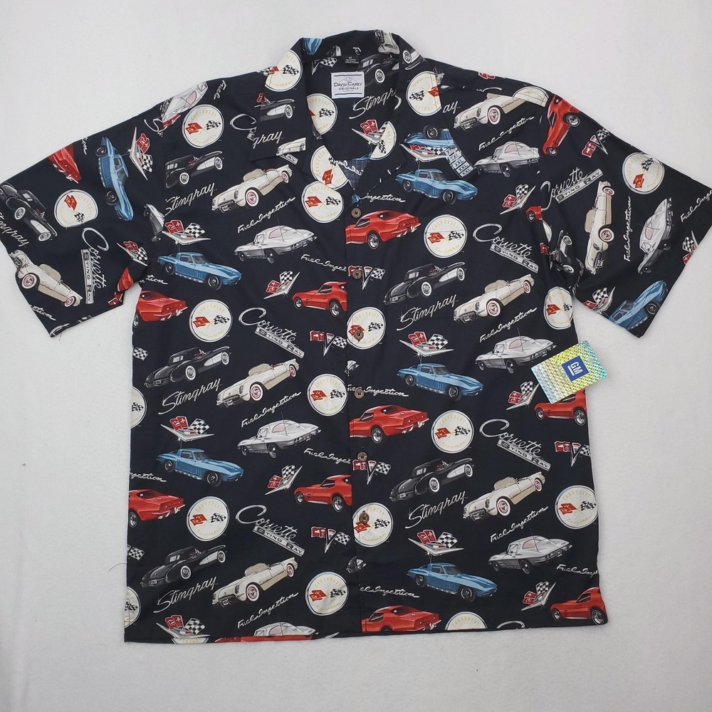 David Carey Shirt Mens 2XL Black Corvette GM Famous Vettes Camp Hawaiian Allover